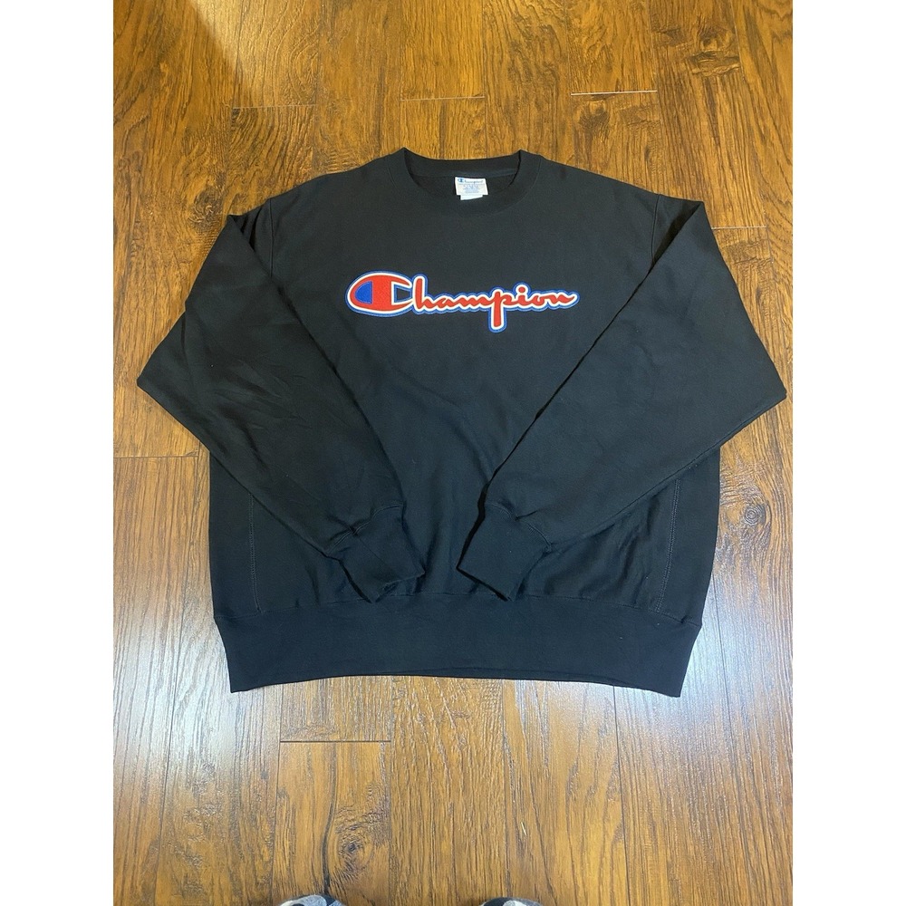 Champion Reverse Weave Sweatshirt‎ Mens XL Black Script Logo Crewneck Pullover